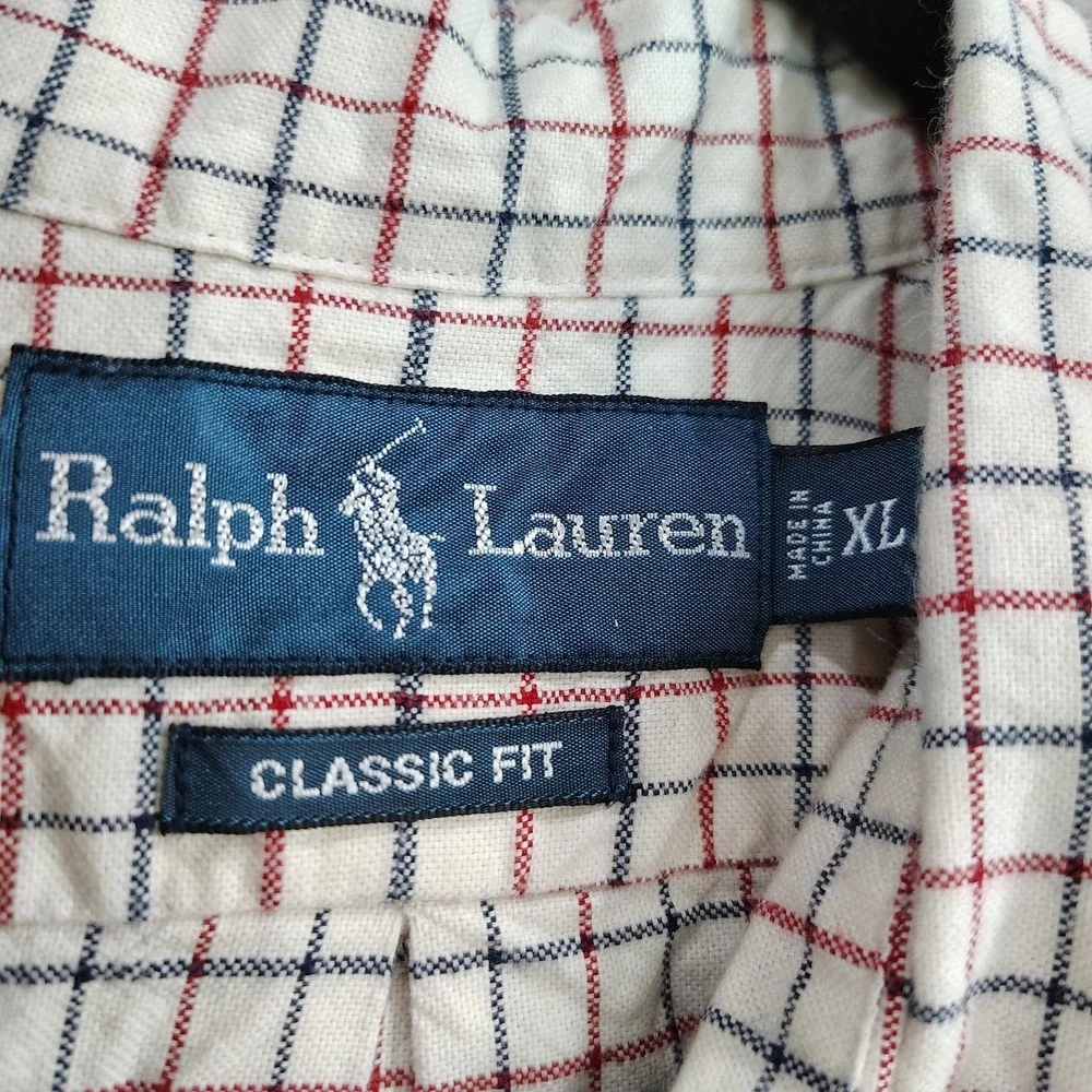 Polo Ralph Lauren Custom Fit Men's XL Ivory Blue Red Check Cotton Button‎ Down